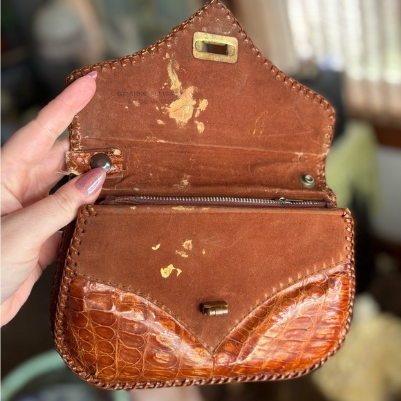 Cognac Brown Croc-Embossed Leather Clutch - Picture 4 of 7